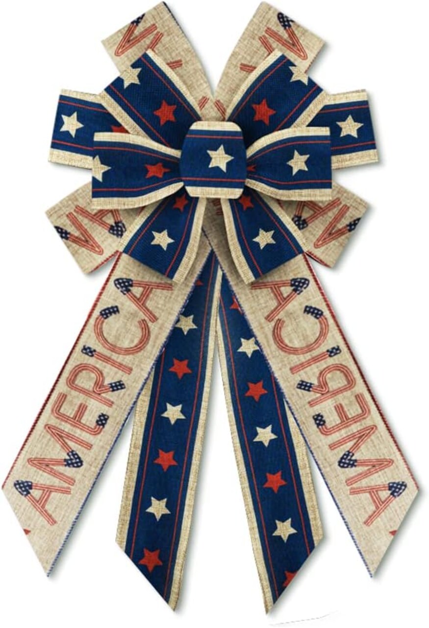 Threetols Large Patriotic Wreath Bows, Patriotic Star Bows for Wreath Memorial Day Burlap Stripes Bows for Front Door, Red Blue Linen American Flag Bows for 4th of July Indoor Outdoor Tree Decor